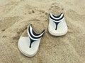A pair of white and black sandals on the beach