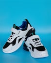 a pair of white and black sporty shoes for kid on blue background Royalty Free Stock Photo