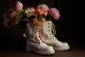 Pair white boots flowers inside. Generate AI