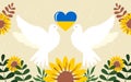Pair of white doves of peace. Heart with the colors of the flag of Ukraine. Sunflowers are symbols of the Day of Remembrance of th