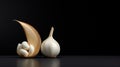 A pair of white garlic bulbs on a black background, AI Royalty Free Stock Photo