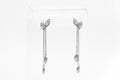 Pair of white golden diamond earrings on transparent stand. Golden earrings with diamonds, luxury jewelry