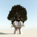 Large tree in upheld hands abstract Royalty Free Stock Photo