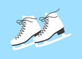 A pair of white ice figure skates with black laces and soles on a blue background. Flat vector illustration Royalty Free Stock Photo