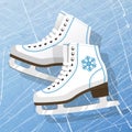 Pair of white Ice skates. Figure skates. Women`s ice skates. Texture of ice surface. Vector illustration background.