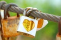 Pair white key with yellow heart sticker and many old rust key lock with rust iron fence on blur green background