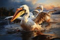 Pair of white pelicans swimming in a lake at sunset. AI generated Generative AI