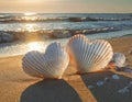 Pair of white seashells illuminated by the golden sunrise over the ocean waves Royalty Free Stock Photo