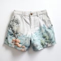 White Shorts With Rococo Pastel Colors And Mountain Illustration