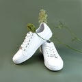 Pair of White sneakers on green background. Concept of healthy lifestyle and food, everyday training and force of will. Royalty Free Stock Photo