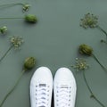 Pair of White sneakers on green background. Concept of healthy lifestyle and food, everyday training and force of will. Royalty Free Stock Photo