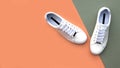 Pair of White sneakers on orange and green background. Concept of healthy lifestyle and food, everyday training and Royalty Free Stock Photo