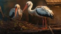 Pair of White Stork birds on a nest during the spring nesting period, Storks in the nest