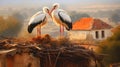 Pair of White Stork birds on a nest during the spring nesting period, Storks in the nest