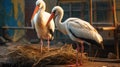 Pair of White Stork birds on a nest during the spring nesting period, Storks in the nest