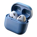 A pair of white wireless earbuds rest inside a sleek, open light blue charging case on a black background Royalty Free Stock Photo