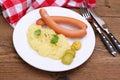 Pair of wiener sausage with mashed potatoes, mustard Royalty Free Stock Photo