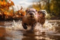 Pair of Wild Otters Running in River Water Quickly Avoiding Enemies on a Sunny Day