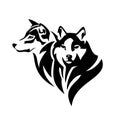 Pair of wild wolves head portrait black and white vector outline