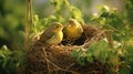 A pair of WilsonÃ¢â¬â¢s Warblers building a nest in a bush. AI Generative Royalty Free Stock Photo