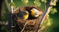 A pair of WilsonÃ¢â¬â¢s Warblers building a nest in a bush. AI Generative Royalty Free Stock Photo