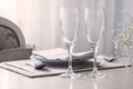 Pair of wine glasses, champagne flutes on the wedding table, Mockup