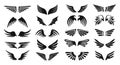 Pair of wings icon, flying birds wing silhouette logo. Black heraldic eagle or angel wings, hawk or phoenix badge