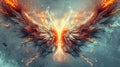 A pair of wings from a top view, on an isolated background, creatively illustrated with surrealistic touches of fire, electricity