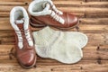 A pair of winter brown boots and knitted warm socks on a wooden background