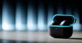 A pair of wireless earbuds in a charging case with blue lighting on the inside, placed against a blurred background with vertical Royalty Free Stock Photo