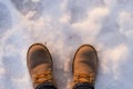 Pair of woman beige boots on snow in winter sunny day. Concept of choise, decision, loneliness, solitude, silence, depression,