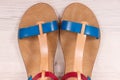 Pair of womanly leather sandals, shoes for using on holiday concept