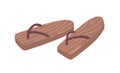 Pair of women open flip-flops with wooden sole. Female home shoes or summer slides. Flat vector illustration of footwear