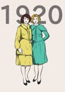 a pair of women posing in 1920s style clothes. illustration