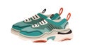 Pair of women's fashion ugly sneakers with big clunky sole. Side view of modern and trendy sports footwear. Colored flat