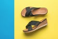 A pair of women`s high-soled sandals on a yellow and blue background. Minimal concept of summer women`s shoes Royalty Free Stock Photo