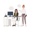 Pair of women working at office together. Female clerks dressed in smart clothes sitting in chair and standing at desk