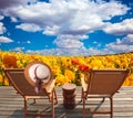 Pair of wooden comfortable sun loungers Royalty Free Stock Photo