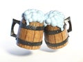 Pair of wooden mugs, tankards making a toast. Beer splash 3d rendering