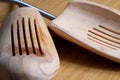 Pair of wooden shoe trees on a shelf Royalty Free Stock Photo