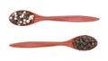 Pair of wooden spoons with seeds of black and white dry pepper isolated on white top view Royalty Free Stock Photo