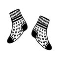 Pair of wool knitted socks. Simple vector icon. Hand drawn doodle isolated on white background. Soft warm clothes Royalty Free Stock Photo