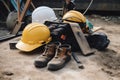 A pair of work boots, a hard hat, and a helmet are on a construction site. AI generation Royalty Free Stock Photo