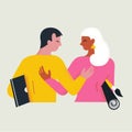 Pair workers male and female, programmer and designer together are hugging and smiling