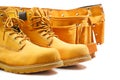 Pair of working boots and tool belt Royalty Free Stock Photo