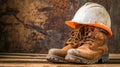 A pair of worn work boots and a hard hat on a wooden surface Royalty Free Stock Photo