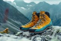 Pair of yellow and blue hiking boots resting on rock in mountainous landscape Royalty Free Stock Photo