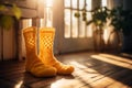 A pair of yellow crocheted socks made of a thick.