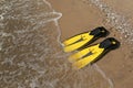 Pair of yellow flippers on sand near sea Royalty Free Stock Photo