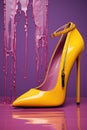 A pair of yellow high heeled shoes next to a dripping wall.